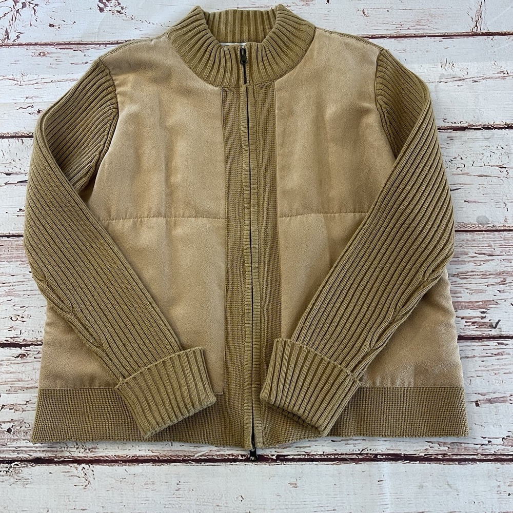 Vintage Sarah Bentley Beige Medium Suede Full Zip Sweater Shirt Jacket Y2K 90's